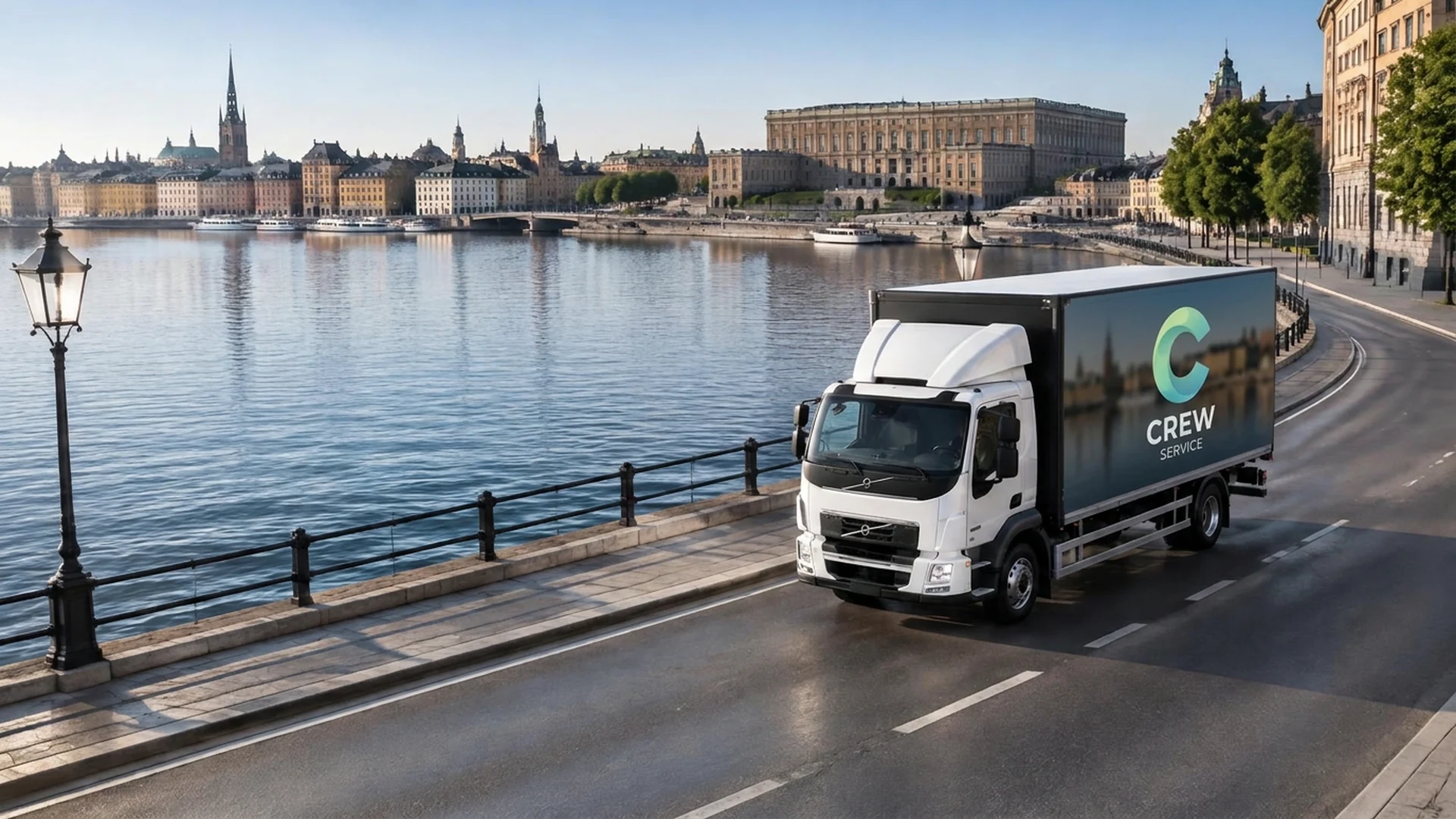 AI-genererad transportillustration: lastbil på en väg vid Stockholms vatten