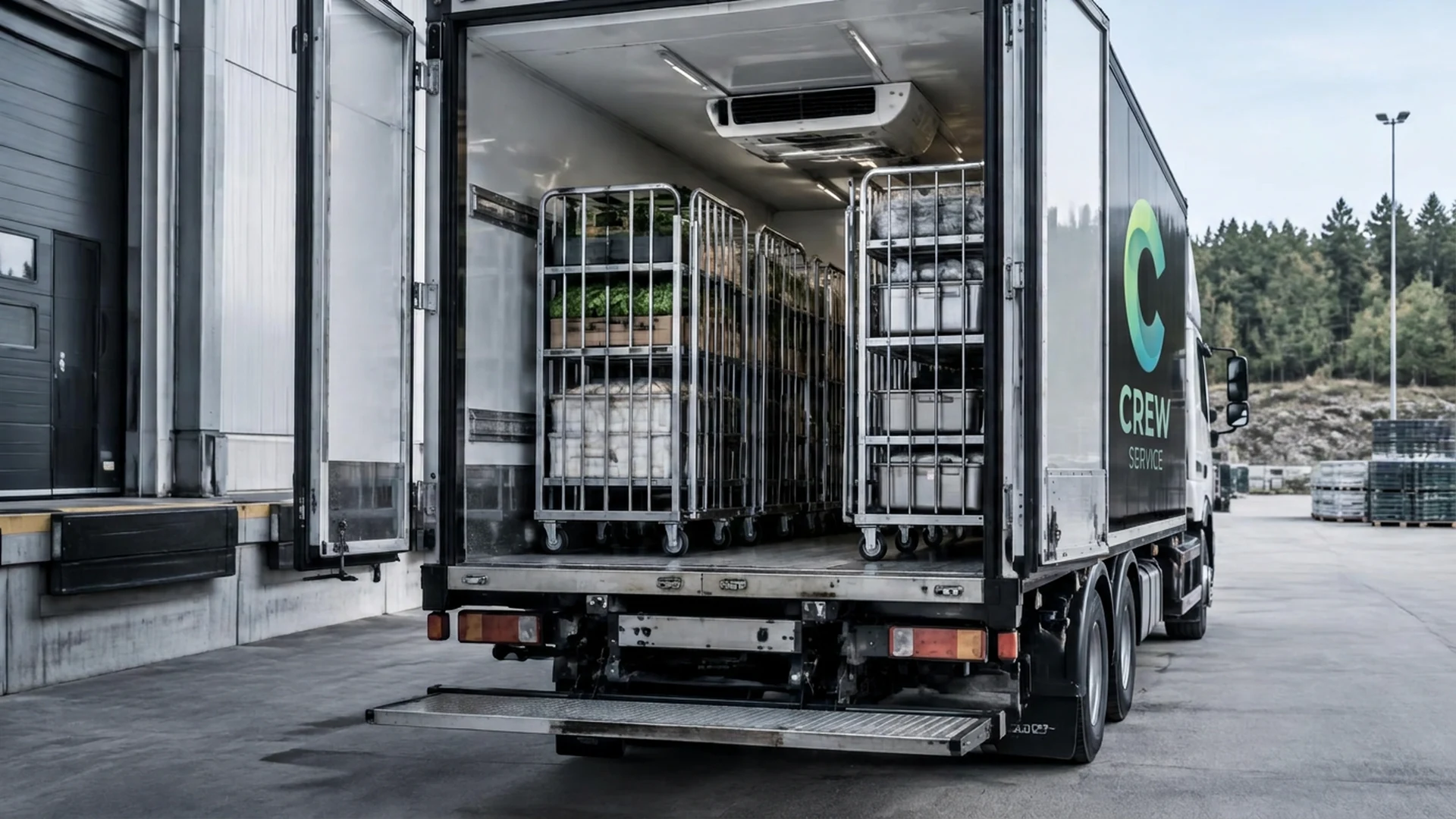 AI-genererad illustration av kyltransport med transportvagnar vid en lastkaj